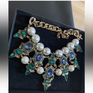 Efigo GORGEOUS Green Gold Royal Blue & Pearl Necklace Pageant Occasion Costume